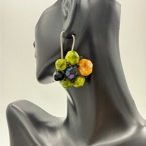 Mid Century W Germany Clip On Earrings Beaded Cluster Green Amber Black Aurora